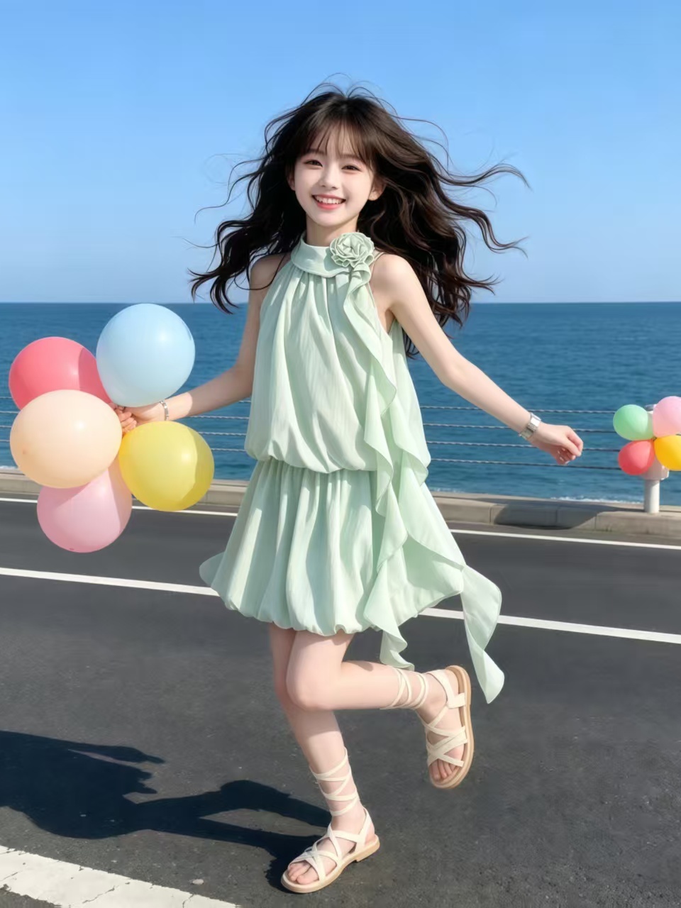Summer Clothing Set For Girls - Mint Green Floral Neck Hanging Sash